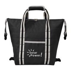 black tote bag with adjustable straps, front pocket, top zippered compartment and an imprint saying Solar Power!