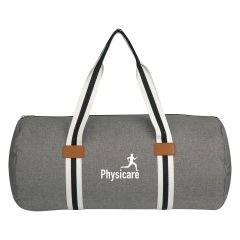 gray duffel bag with leatherette accents and an imprint saying Physicare