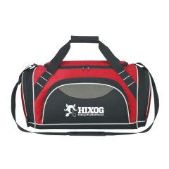 red duffel bag with black trim, carrying handles, adjustable straps, multiple compartments, and an imprint saying HIXOG College Football Team
