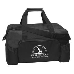 black duffel bag with straps, multiple compartments and an imprint saying Enlighten Yoga Stand Up Paddling
